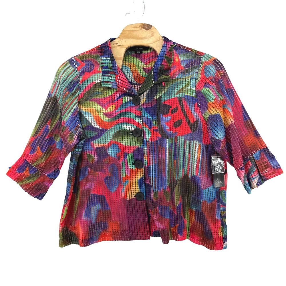 Ali Miles Womens 2X Abstract Multi Color Mesh Button Front Top Jacket NEW Artsy